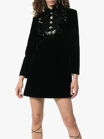 Shop Saint Laurent High-neck Sequin-embellished Velvet A-line Dress In Black