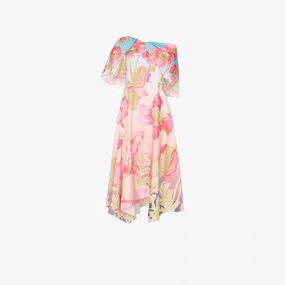 Shop Peter Pilotto Floral Print Off-shoulder Dress In Sky Poppy