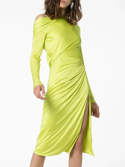 Shop Versace Off-shoulder Draped Dress In Green