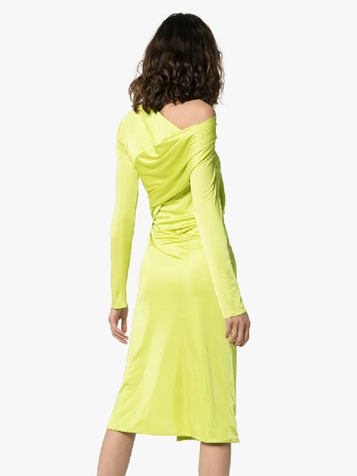 Shop Versace Off-shoulder Draped Dress In Green