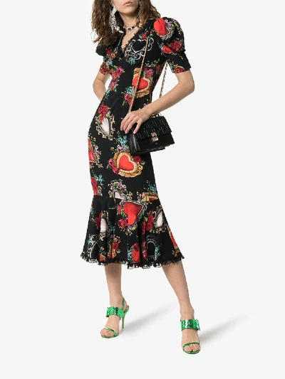 Shop Dolce & Gabbana Sacred Heart Charm-print Silk-blend Midi Dress In Hnbb3 Multicoloured