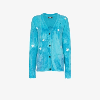 Shop Amiri Star Embroidered Cashmere Cardigan In Blue