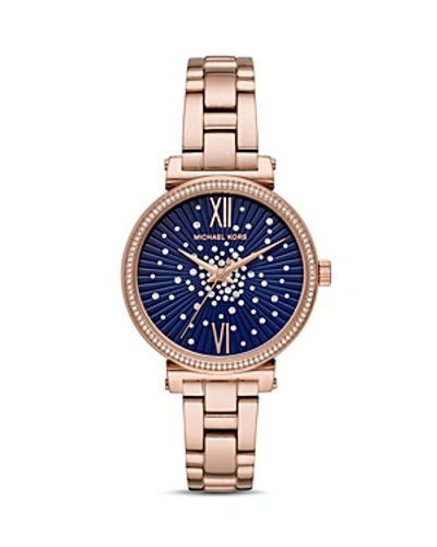 Shop Michael Kors Mini Sofie Crystal-embellished Dial Watch, 36mm In Blue/rose Gold
