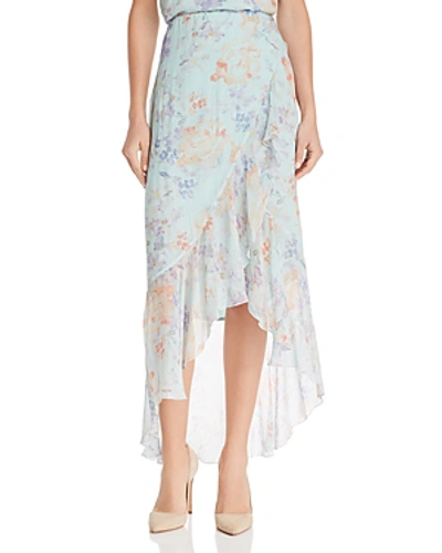 Shop Alice And Olivia Alice + Olivia Caily Ruffled Floral High/low Skirt In Water Petal Blue/multi