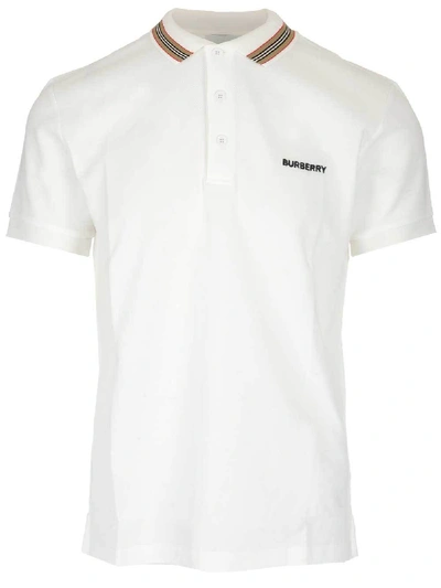 Shop Burberry Logo Stripe Detail Polo Shirt In White