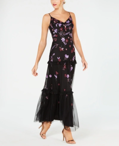 Shop Adrianna Papell Beaded Ruffled Gown In Black