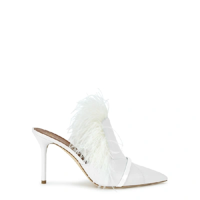 Shop Malone Souliers Magda 85 Feather-trimmed Leather Mules In White