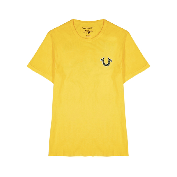 blue and yellow true religion shirt