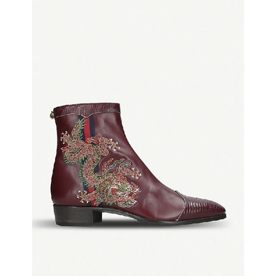 Shop Gucci Plata Dragon-embroidered Leather Boot In Wine Comb