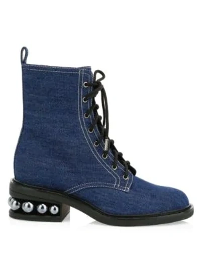 Shop Nicholas Kirkwood Women's Castari Faux Pearl Denim Combat Boots In Blue