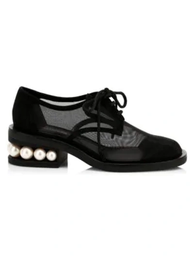 Shop Nicholas Kirkwood Casati Faux Pearl-embellished Mesh & Suede Derby Shoes In Black