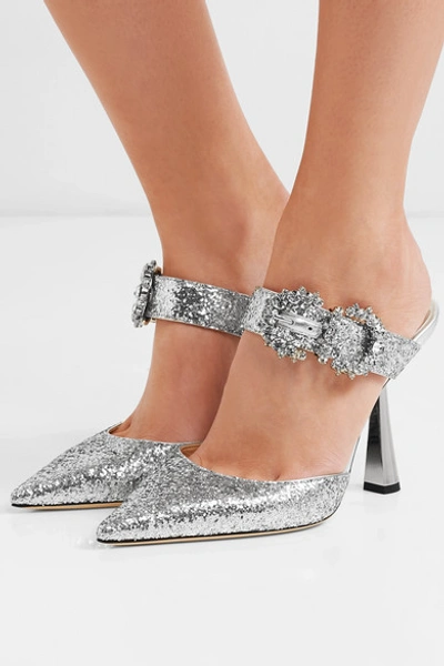 Shop Jimmy Choo Smokey 100 Crystal-embellished Glittered Leather Mules In Silver