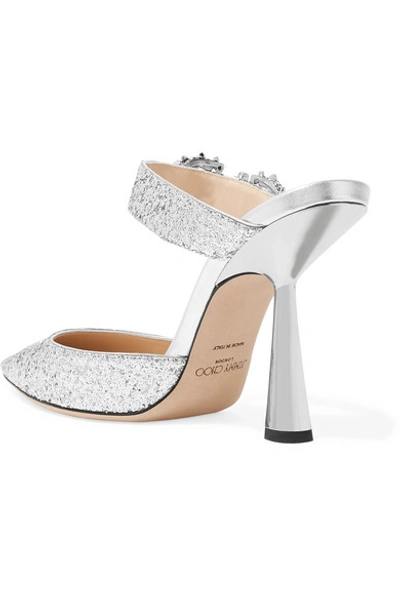 Shop Jimmy Choo Smokey 100 Crystal-embellished Glittered Leather Mules In Silver