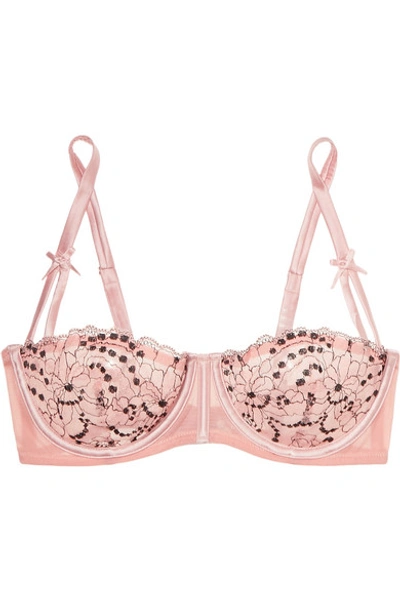 Shop Fleur Du Mal Daisy Satin-trimmed Embroidered Lace And Tulle Underwired Balconette Bra In Blush