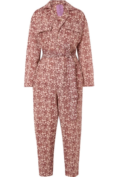 Shop Yvonne S Belted Floral-print Linen Jumpsuit In Burgundy