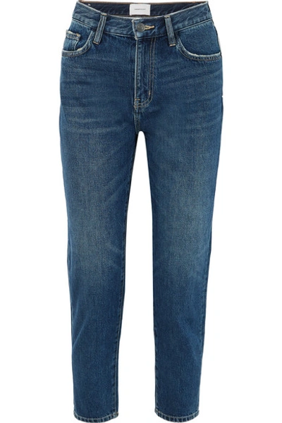 Shop Current Elliott The Vintage Cropped Distressed High-rise Slim-leg Jeans In Indigo