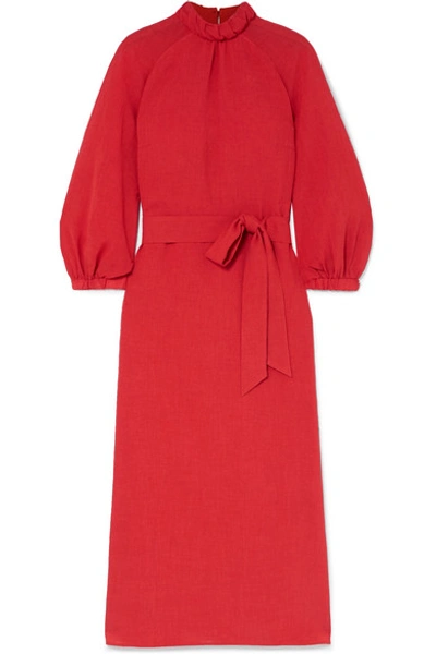 Shop Cefinn Belted Voile Midi Dress In Red