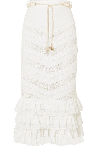 Shop Zimmermann Veneto Perennial Ruffled Broderie Anglaise Gauze And Lace Skirt In Ivory
