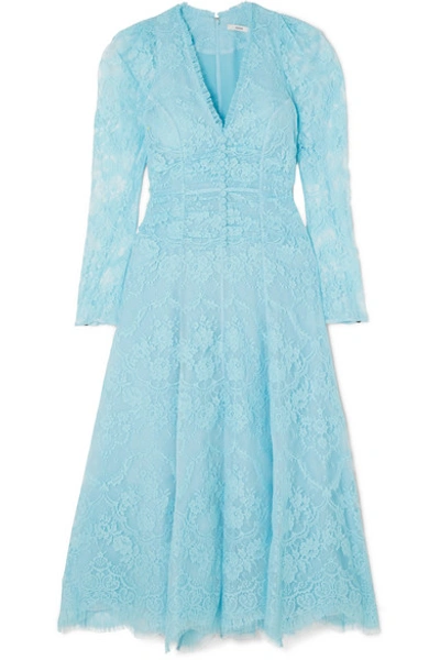 Shop Erdem Annalee Ruched Corded-lace Dress In Blue