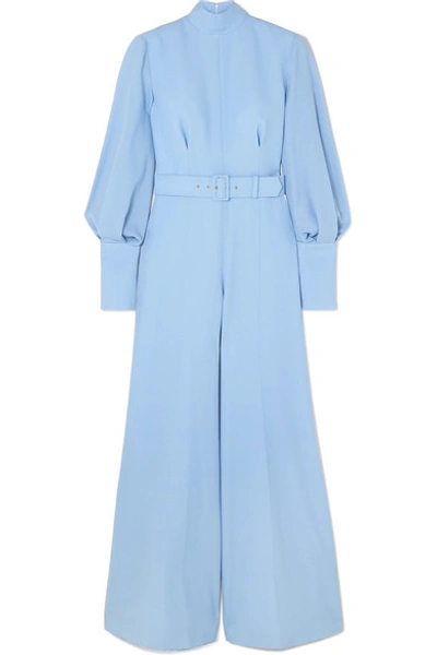 Shop Emilia Wickstead Elvis Belted Wool-crepe Jumpsuit In Light Blue