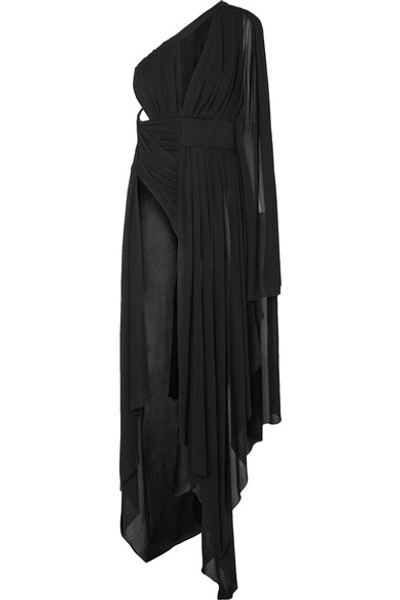 Shop Saint Laurent Draped Cutout Jersey And Chiffon Bodysuit In Black