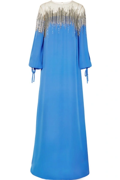 Shop Oscar De La Renta Embellished Silk-georgette And Tulle Gown In Light Blue