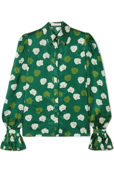 Shop Carolina Herrera Floral-print Textured-satin Shirt In Green