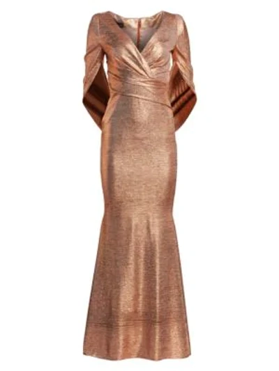 Shop Talbot Runhof Eternity-sleeve Metallic Gown In Copper