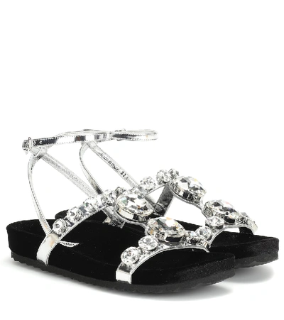 Shop Miu Miu Crystal-embellished Leather Sandals In Metallic