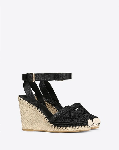 Shop Valentino Grainy Calfskin And Macramé Lace Espadrille 15/105 Mm In Black
