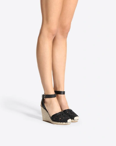 Shop Valentino Grainy Calfskin And Macramé Lace Espadrille 15/105 Mm In Black