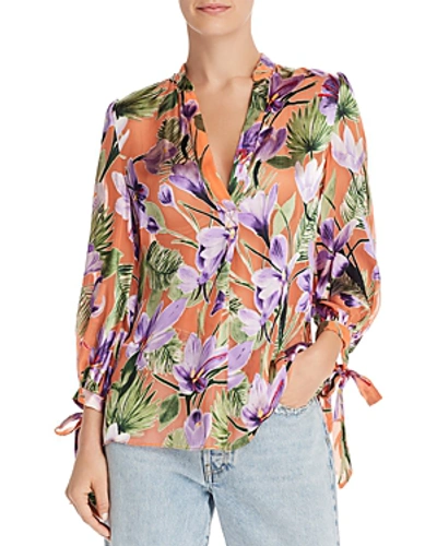 Shop Alice And Olivia Alice + Olivia Sheila Blouson-sleeve Floral Burnout Top In Floral Palm Coral