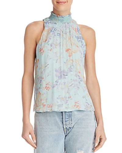 Shop Alice And Olivia Alice + Olivia Annmarie Smocked Mock-neck Top In Water Petal Blue/multi