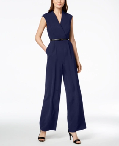 Calvin Klein Belted Wide-leg Jumpsuit In Navy | ModeSens