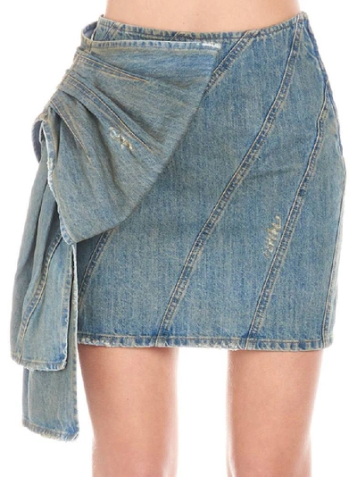 Shop Miu Miu Denim Bow Mini Skirt In Blue