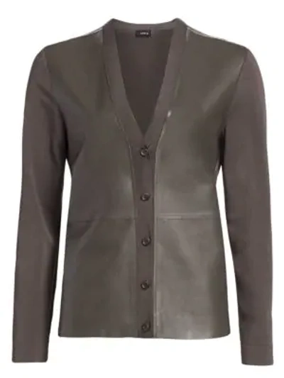 Shop Akris Leather & Knit V-neck Cardigan In Mountain Air