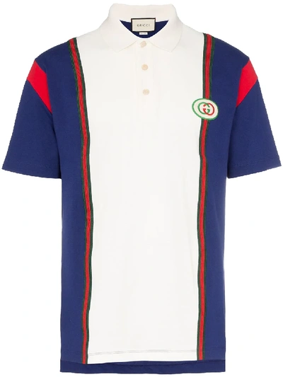Shop Gucci Logo Patch Striped Cotton Polo Shirt - White