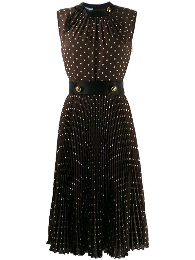 Shop Prada Polka Dot Pleated Dress In Brown