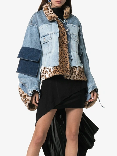 Shop Natasha Zinko Faux Fur Patchwork Denim Jacket In Light Washed/leopard