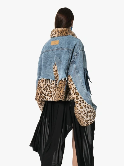 Shop Natasha Zinko Faux Fur Patchwork Denim Jacket In Light Washed/leopard