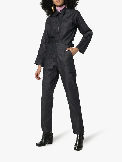 Shop A_plan_application Fitted Zipped Denim Jumpsuit In Blue