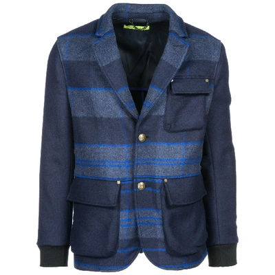 Shop Versace Jeans Check Pattern Jacket In Blue