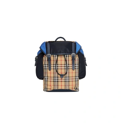 Shop Burberry Colour Block Vintage Check And Leather Backpack In Navy