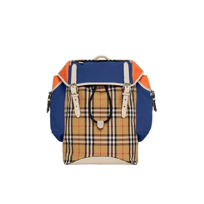 Shop Burberry Colour Block Vintage Check And Leather Backpack In Cerulean Blue