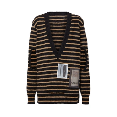 Shop Burberry Montage Print Striped Mohair Wool Blend Sweater In Black Honey