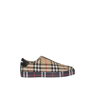 Shop Burberry Contrast Check And Leather Slip-on Sneakers In Archive Beige