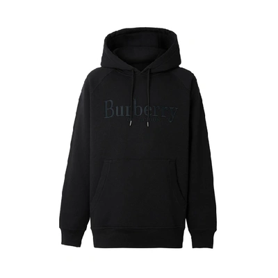 Shop Burberry Embroidered Logo Jersey Hoodie In Black