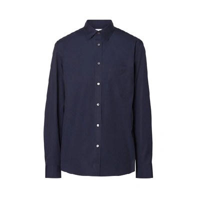 Shop Burberry Monogram Motif Stretch Cotton Poplin Shirt In Navy