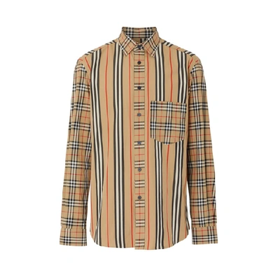 Shop Burberry Classic Fit Patchwork Cotton Poplin Shirt In Archive Beige Ip S