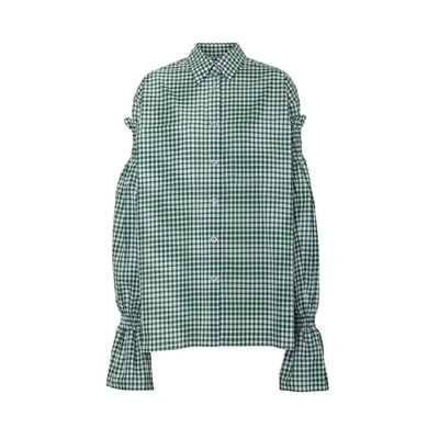 Shop Burberry Puff-sleeve Gingham Cotton Oversized Shirt In White Green